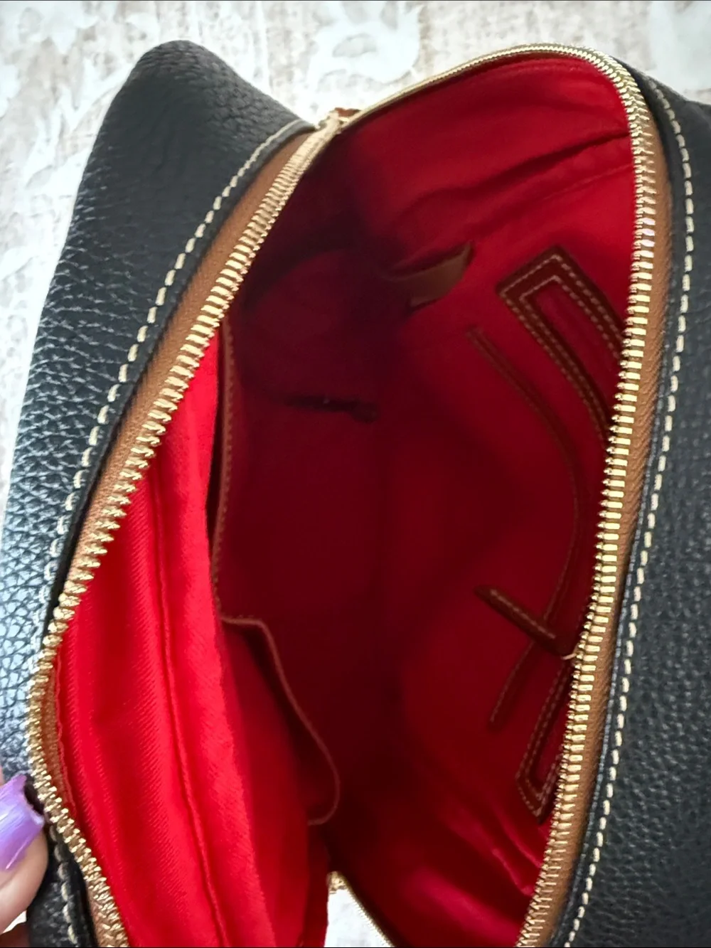 Dooney & Bourke Black Pebbled Leather Shoulder Bag with Brown Trim